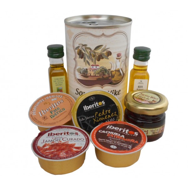 Lata con Aceite de Oliva Virgen extra, Aceite de Oliva Virgen ecológica, miel, paté y tarrina de crema de jamón