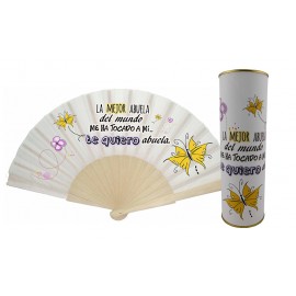 Abanico regalo con la frase "LA MEJOR ABUELA del mundo ME HA TOCADO A MÍ..te quiero abuela" en lata