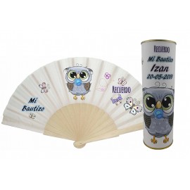 Abanico bautizo niño buho modelo 724 en lata