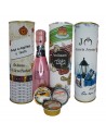 Lata PERSONALIZADA con vino espumoso rosado con pastel de cabracho, pate con bacalado con ajo y pate de salmon ahumado